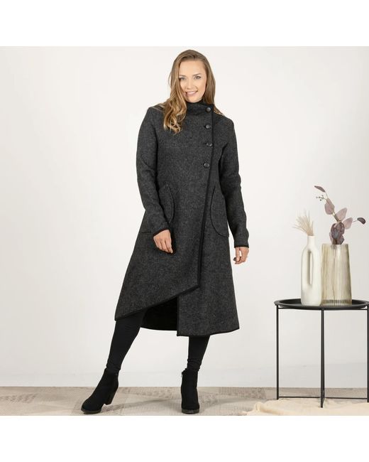 Nikka Place Black Asymmetrical Boiled Wool Cardigan With Buttons And High Neck
