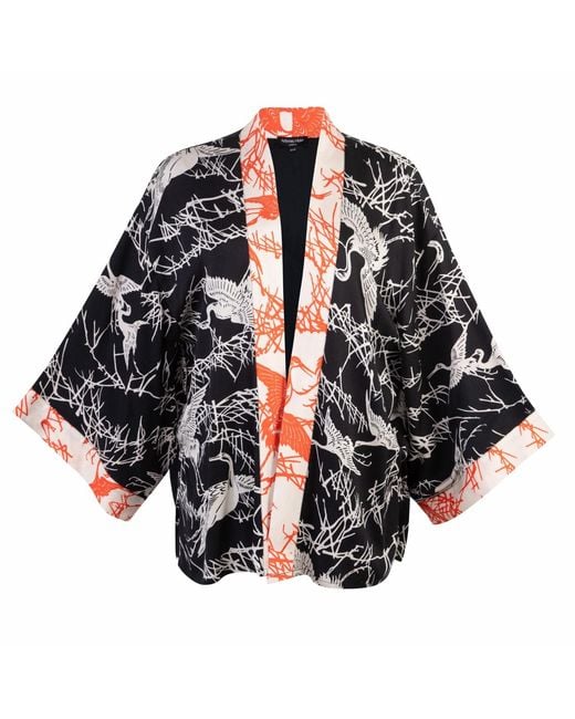 Artemis Muse Black Japanese Crane Print & Ivory Short Kimono