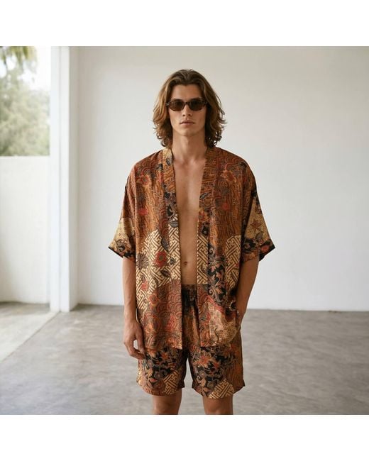 ORIGIN OF HEARTS Brown Tarua Floral Print Resort Satin Kimono Shirt for men