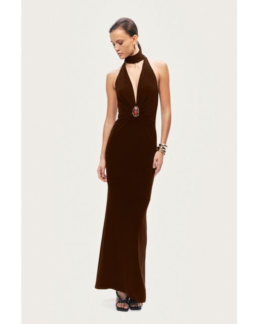 Nocturne Brown Halter-Neck Draped Maxi Dress