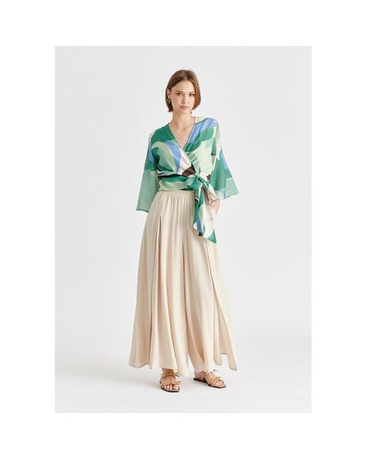 Paisie Natural Neutrals Flowy Palazzo Trousers With Open Front Splits