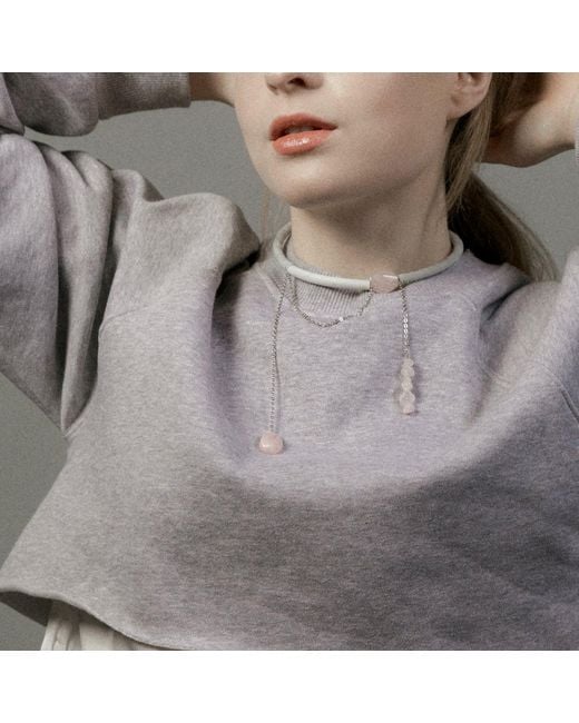 WAIWAI White Leather Choker With Rose Quartz And Chain Detail