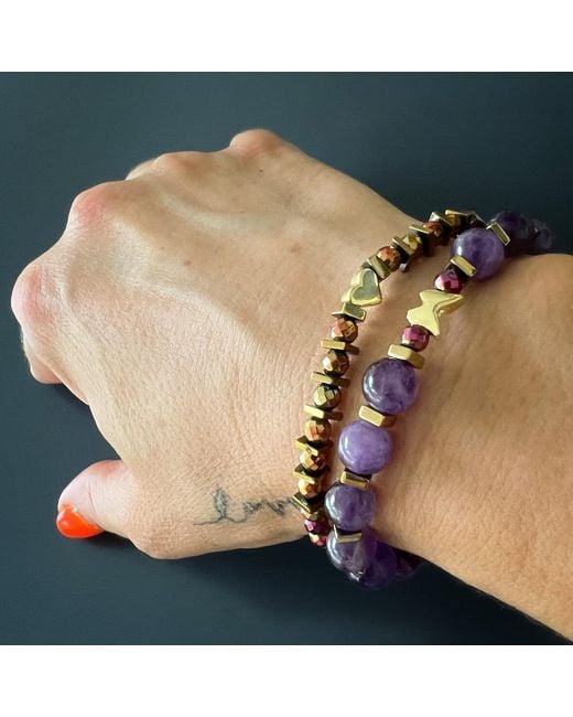 Ebru Jewelry Multicolor Butterfly & Heart Charm Amethyst Beaded Bracelet Set