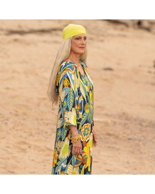 Tiger and the Monkey Yellow The Dayna Ecovero Silky Kaftan Dress With Feathers