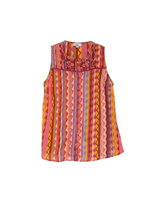 Niza Red Striped Blouse With Lace-Up Neckline And Long Sleeves