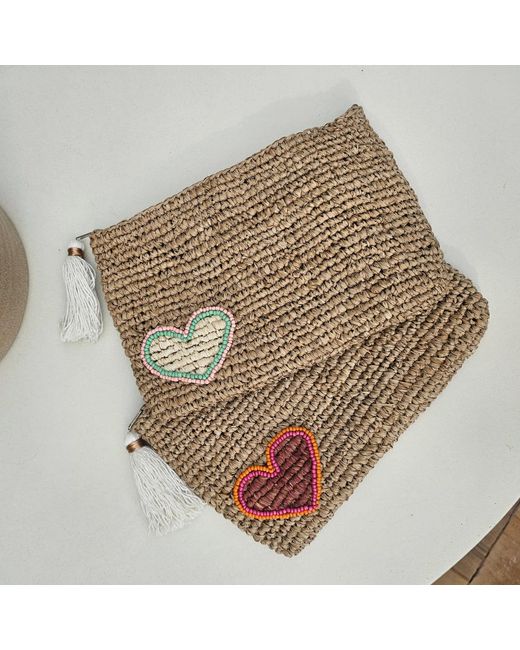 OhSun Metallic Neutrals Xoxo Beaded Raffia Clutch