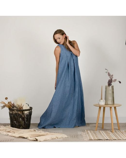 Nikka Place Blue Gathered Linen Maternity A-Line Dress