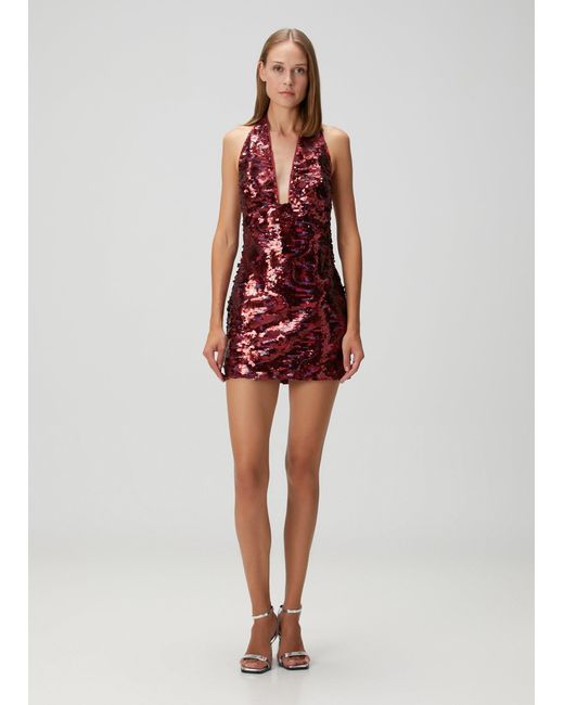 Pcfg Red Sequin Neck Tie Dress With Side Slit