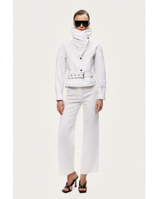 Nocturne White High-Neck Belted Jacket