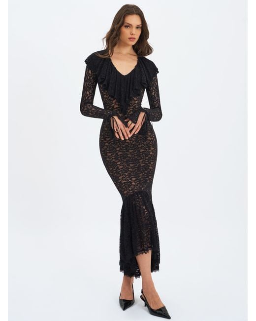 Miss Circle New York Black Parisa Lace Ruffled Mermaid Maxi Dress