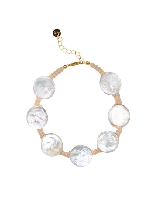 Adriana Pappas Designs Metallic Coin Pearl Anklet On Colored Cord