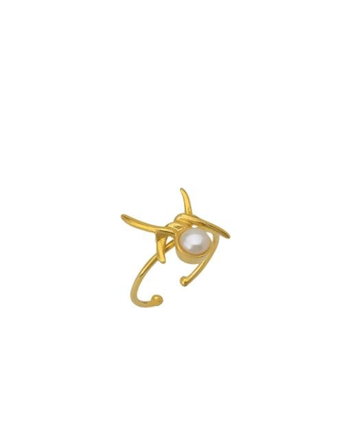 Spero London Metallic Barbed Wire Design Pearl Adjustable Sterling Natural Hammered Ring