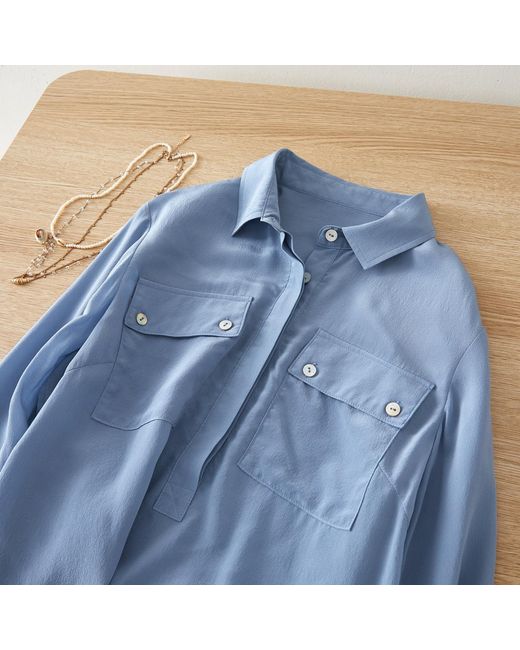 Soft Strokes Silk Blue Pure Silk Long Sleeve Relaxed Fit Blouse Elva
