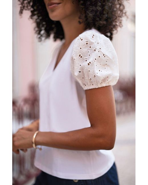 Yumi' White Cotton Jersey T-Shirt With Lace Sleeves