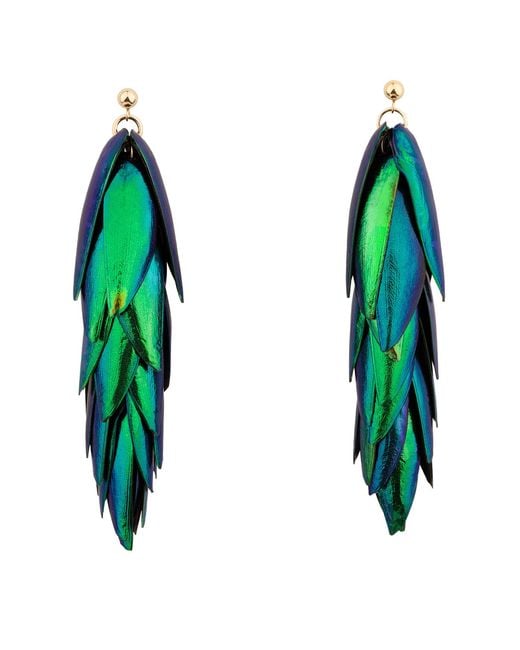 Oana Savu Green Beetle Earrings Long Metallic Natural Recycled Beetle Wings & Earrings