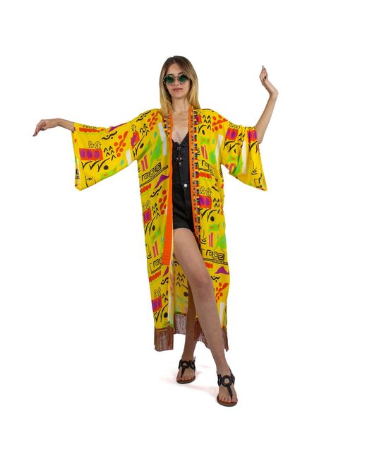 Lalipop Design Yellow Viscose Kimono With Embroidery Border