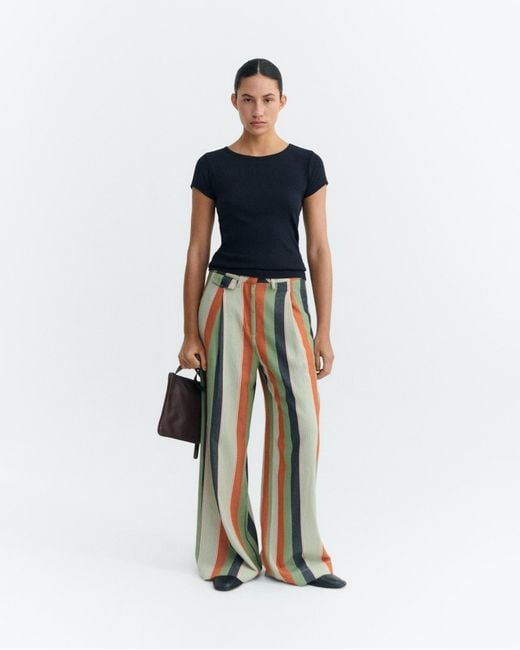 Thinking Mu White Wide Leg Low Rise Pants With Multicolored Stripes Pat