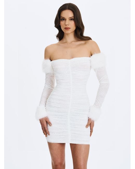 Miss Circle New York Gray Lani Lace Off-Shoulder Ruched Mini Dress