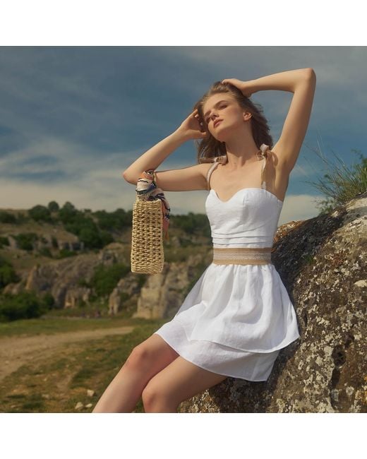 AVENUE No.29 White Linen Gathered Mini Dress With Raffia Straps