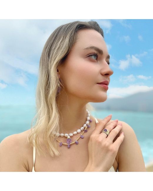 Farra White Amethyst Stone Platinum Plated Brass Adjustable Ring