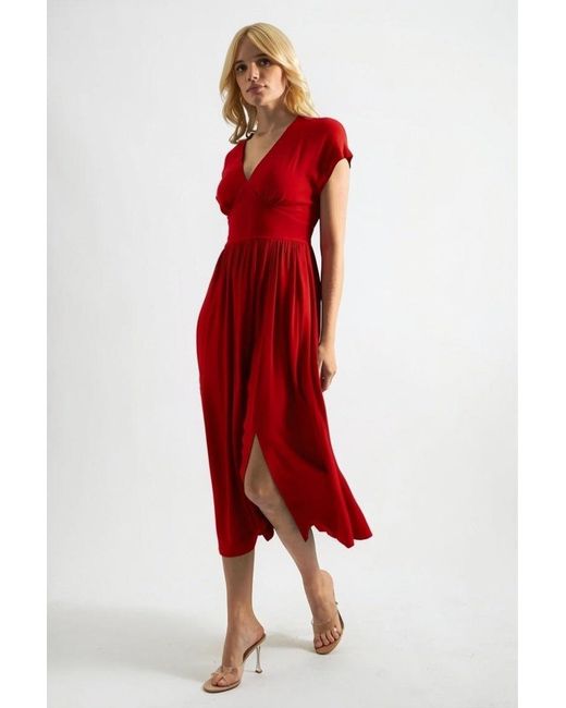 Louche Red Unity Linen Mix V-Neck Midi Dress