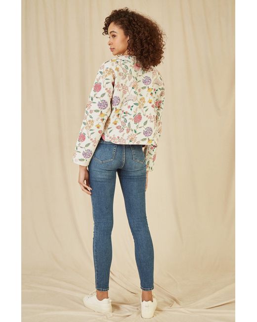 Yumi' White Floral Print Reversible Cotton Cropped Quilted Jacket