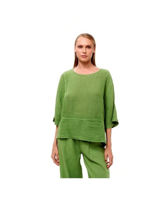 Haris Cotton White Round Neck Linen Blouse With Batwing Sleeve