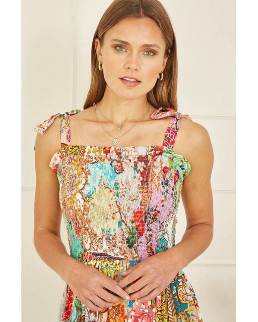 Yumi' White Multicolour Patchwork Split Hem Maxi Dress With Tie Straps