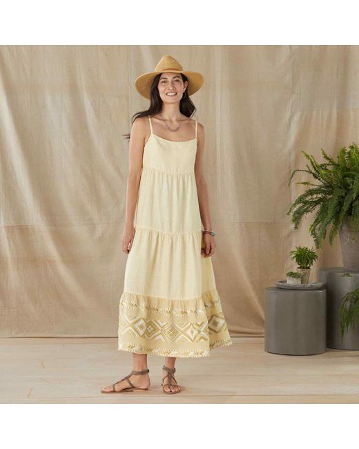 Haris Cotton Yellow Maxi Linen Strap Dress With Embroidered Panels On The Hem-Ecru