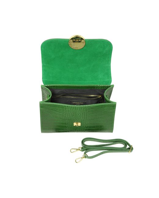 Le Parmentier Green Bombo Croco Embossed Leather Top-handle Satchel Bag W/strap
