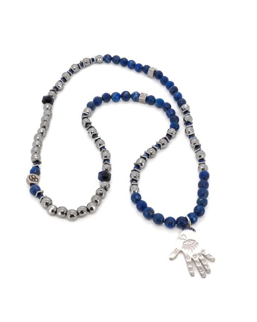 Ebru Jewelry Metallic Lapis Lazuli & Hematite Stone Sterling Hamsa Pendant Beaded Necklace