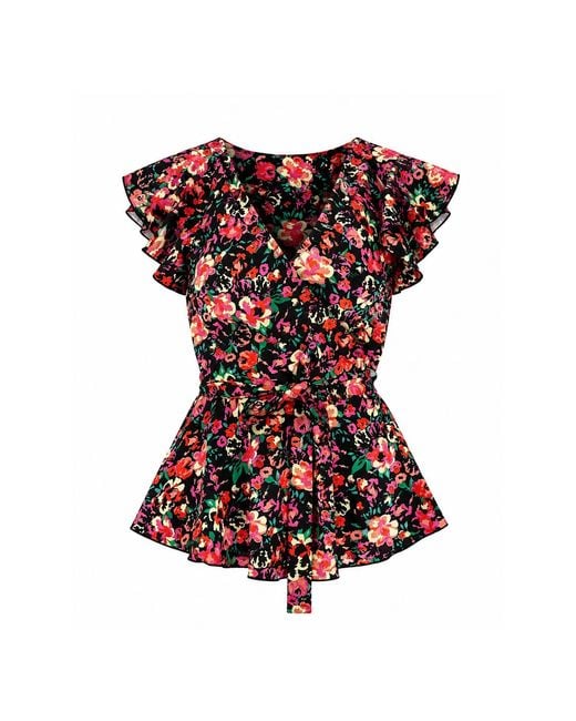Girl In Mind Red Juniper Floral Frill Detail Wrap Peplum Top