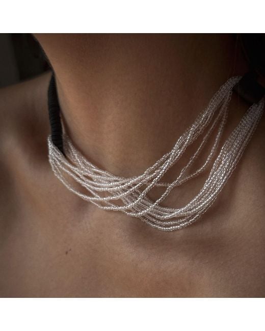 WAIWAI Black Interlock Leather And Glass Bead Necklace