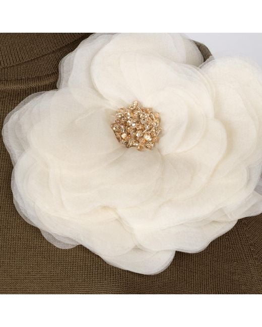 House of Laines London Green Neutrals Laines Couture Embellished Cream Corsage Knitted Roll Neck Jumper