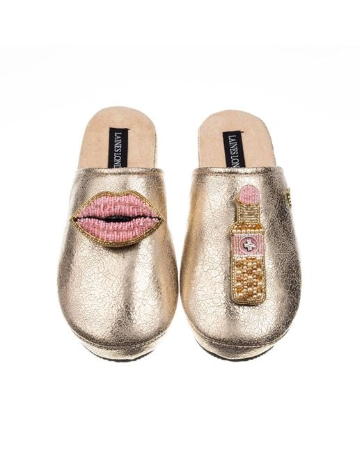 Laines London Metallic Softie Slippers With Lipstick & Lips Brooches