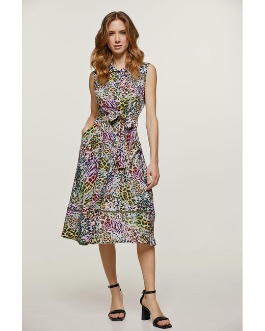 Conquista Green Animal Print Sleeveless Dress With Belt