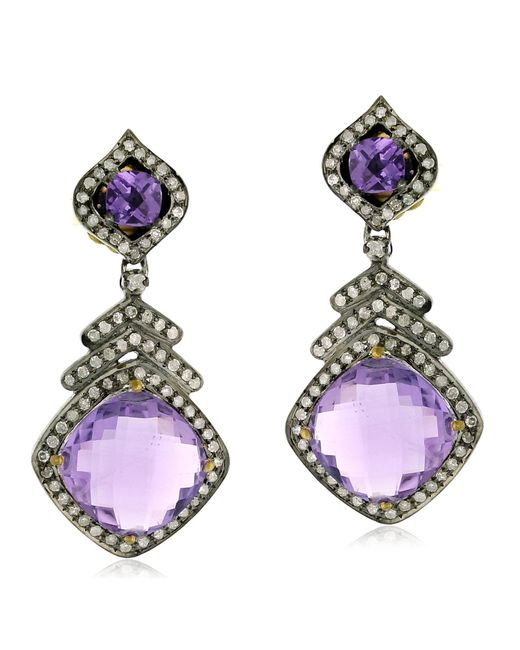 Artisan Purple Pave Diamond 18k Gold Amethyst Dangle Earrings Sterling Silver