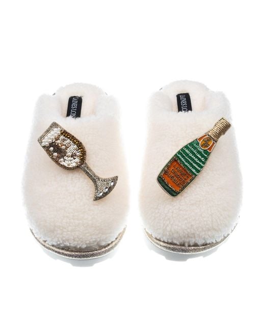 Laines London White Teddy Closed Toe Slippers With Laines Champers Brooches