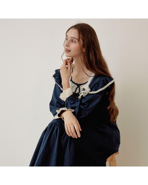 Luna Luz Blue Helen Cotton Square-Neck Long-Sleeve Nightdress