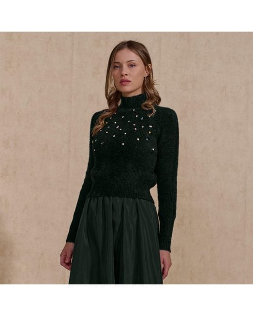 Roch Perel Green Embellished Fur Knit Sweater