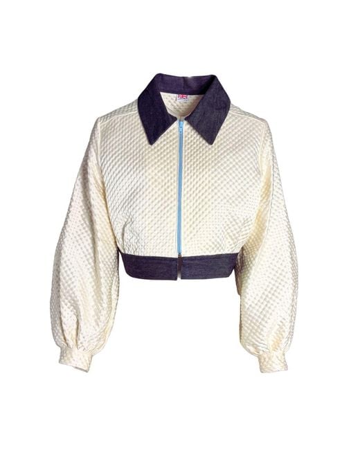 Couture to Your Door Blue Neutrals Ivory Waffle Upcycled Bomber Jacket
