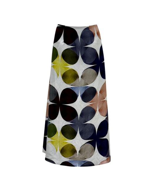 Why Mary Blue Linen Viscose Midi A-Line Printed Skirt