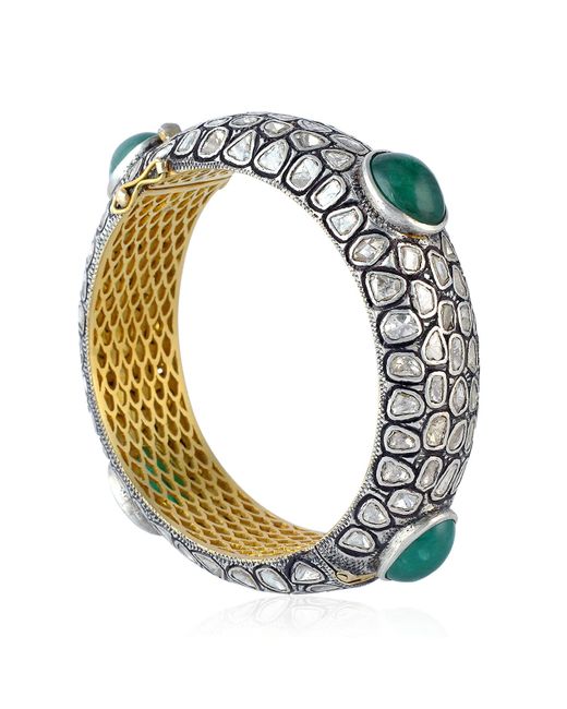 Artisan Multicolor Solid 14k Gold Sterling Silver With Natural Rose Cut Diamond & Oval Emerald Victorian Bangle
