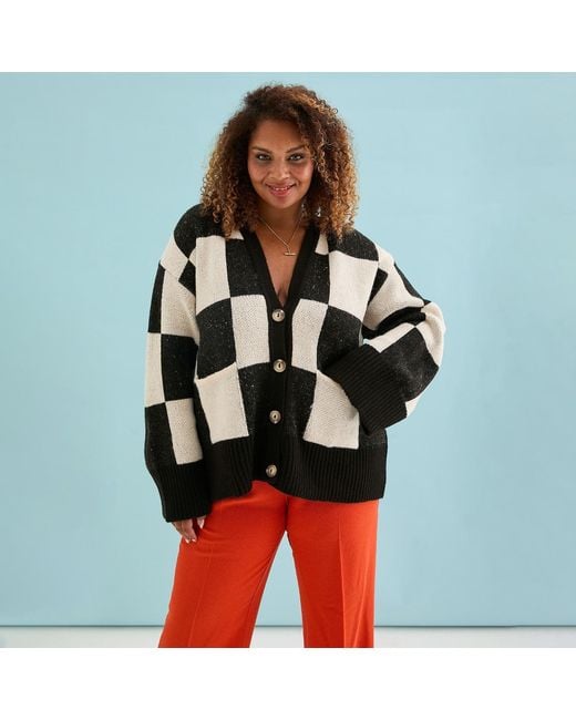 Cara & The Sky Black Candice Checked Oversized Chunky Cardigan