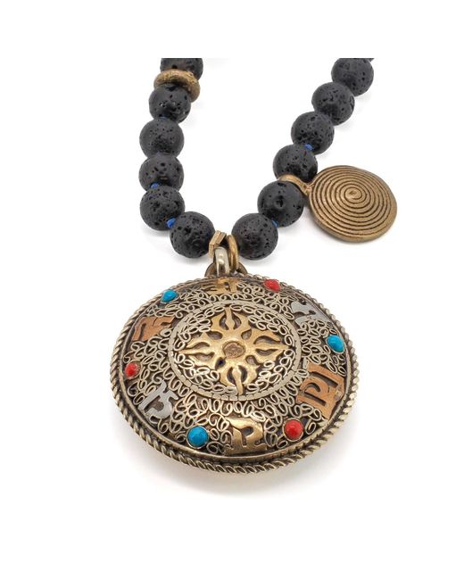 Ebru Jewelry Metallic Nepal & Gemstone Mantra Pendant Beaded Spiritual Necklace