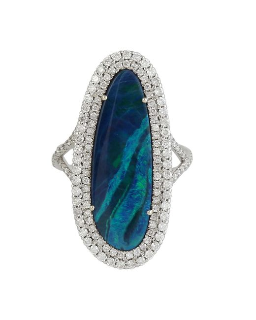 Artisan Blue Oval Cut Opal Doublet & Pave Natural Diamond In 18k White Gold Cocktail Ring