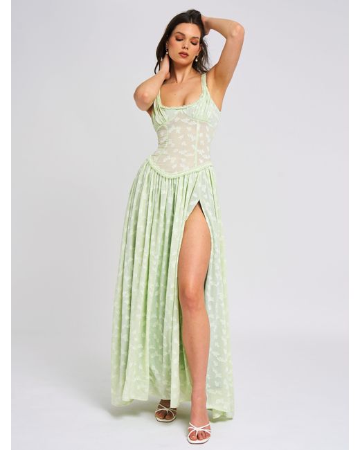 Miss Circle New York White Ulissa Light Square Neck Jacquard Textured High Slit Maxi Dress