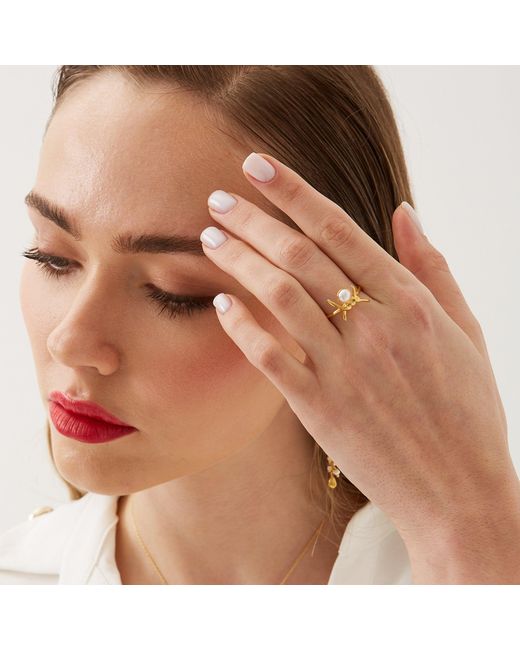 Spero London Metallic Barbed Wire Design Pearl Adjustable Sterling Natural Hammered Ring