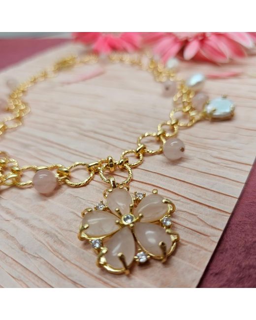 Farra Metallic Rose Quartz Flower Pendant With Pearls Chain Necklace