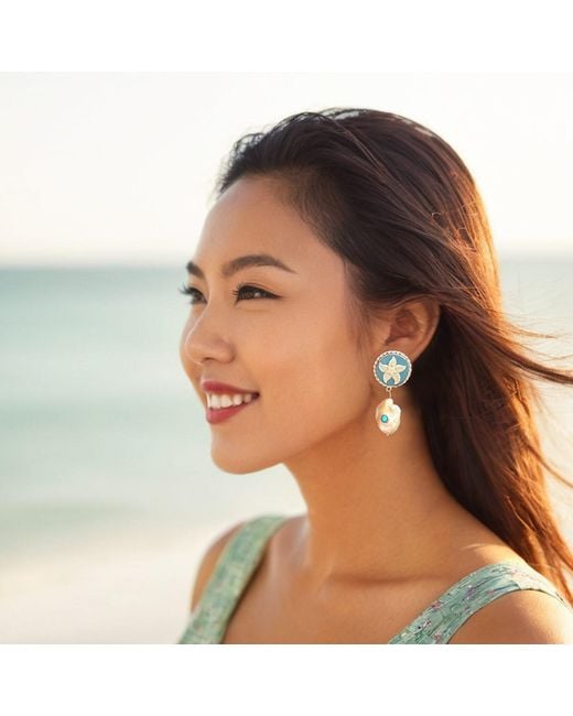 Vintouch Italy Blue Starfish Cameo Earrings With Baroque Pearls